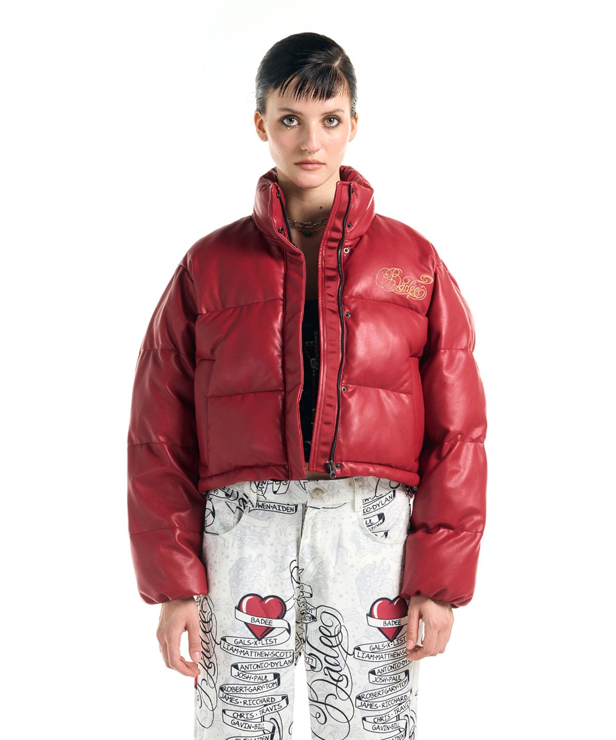 배디(BADEE) Gothic Leather Puffer Jacket Red