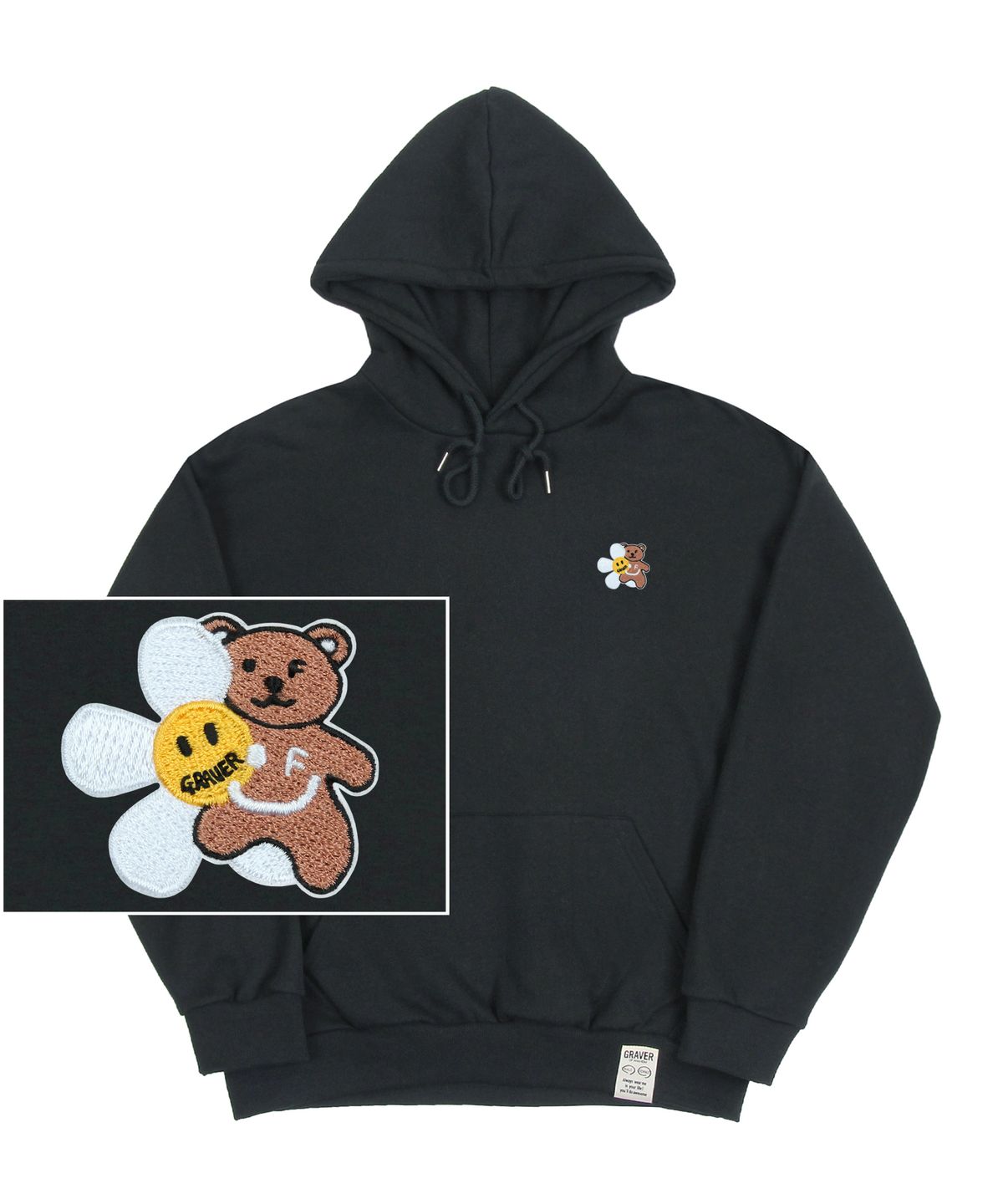 그레이버(GRAVER) [UNISEX]플라워 베어 자수 스마일 후드티_차콜