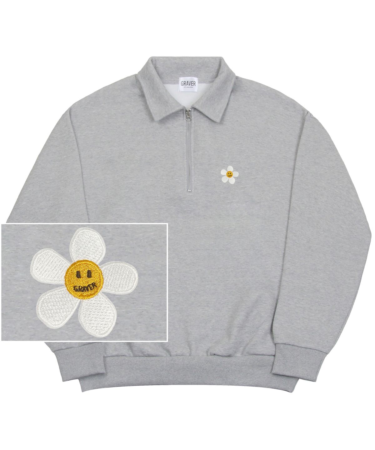 그레이버(GRAVER) [UNISEX-P]플라워도트 자수 카라 하프집업 맨투맨_그레이