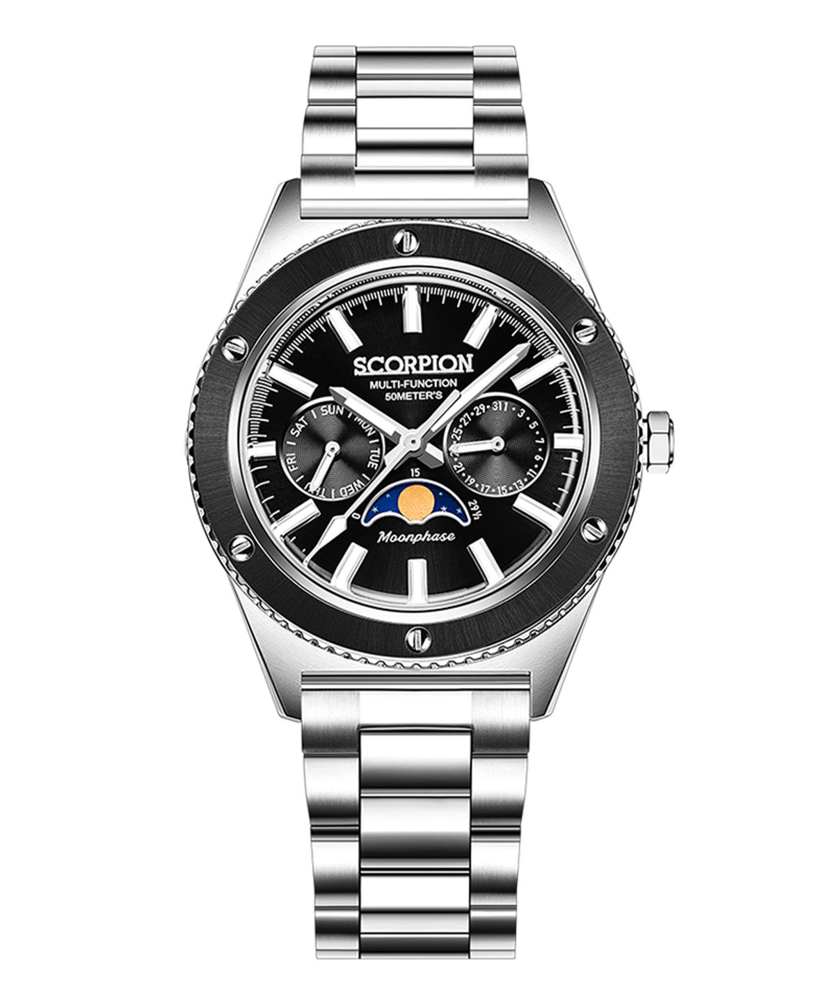 스콜피온(SCORPION) 40mm 문페이즈 남성 메탈시계 SP3581M-BK [가죽밴드구성]