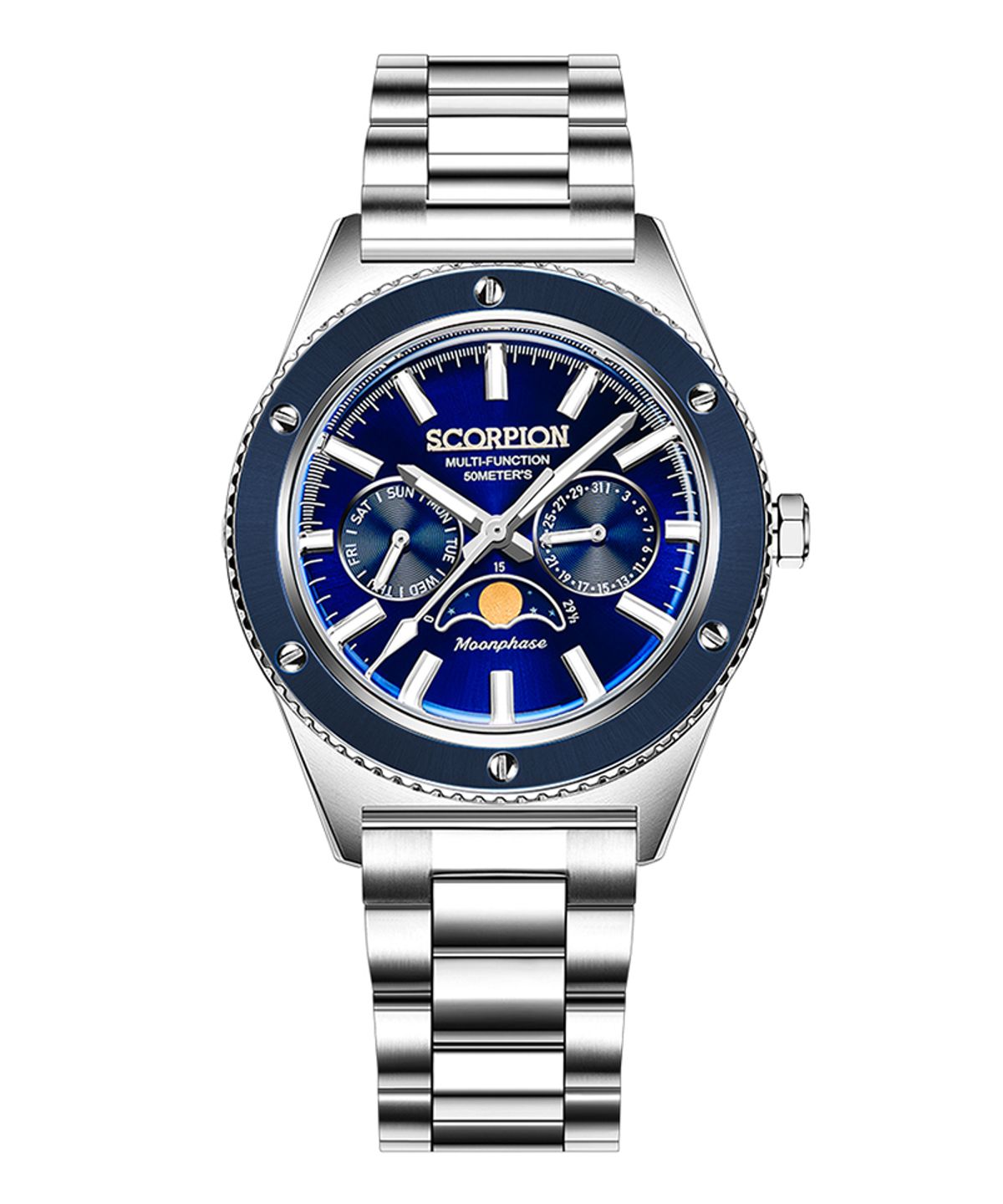 스콜피온(SCORPION) 40mm 문페이즈 남성 메탈시계 SP3581M-BU [가죽밴드구성]