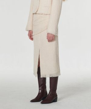 프린지드 울 트위드 스커트 크림