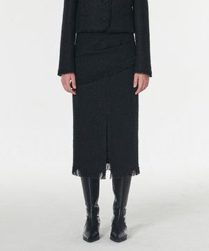 프린지드 울 트위드 스커트 블랙