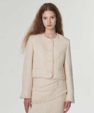 프린지드 울 트위드 자켓 크림
