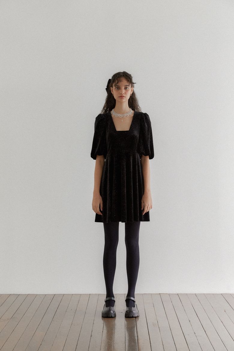 Velvet Wide-sleeve Square neck Mini Dress