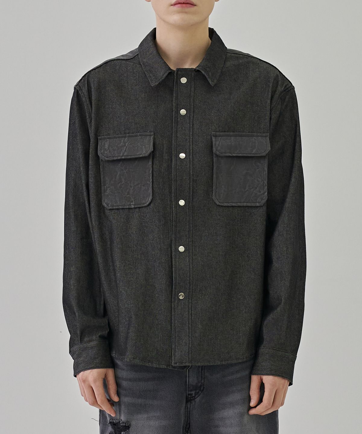 디메이든(DEMADEN) OVERSIZED LEATHER POCKET SHIRT JACKET BLACK