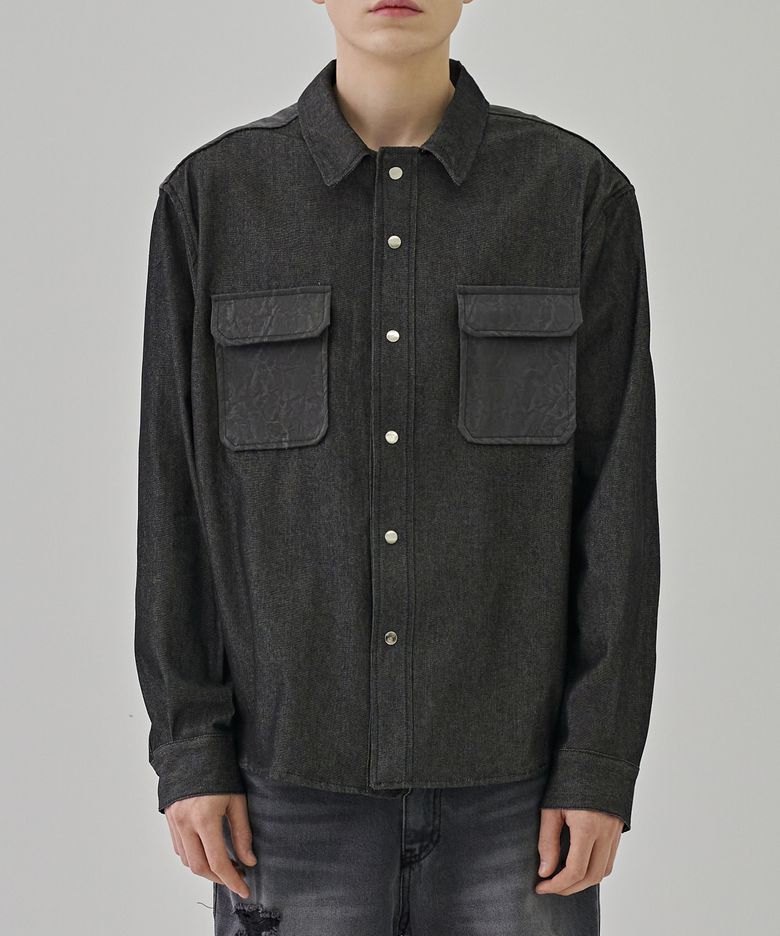 OVERSIZED LEATHER POCKET SHIRT JACKET BLACK