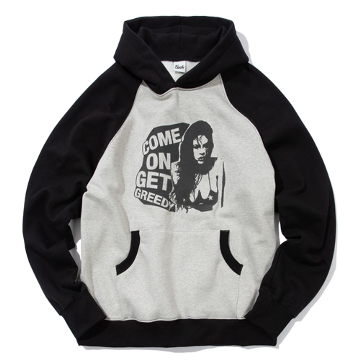 크루치(KRUCHI) GREEDY RAGLAN HOODIE (BLACK GREY)
