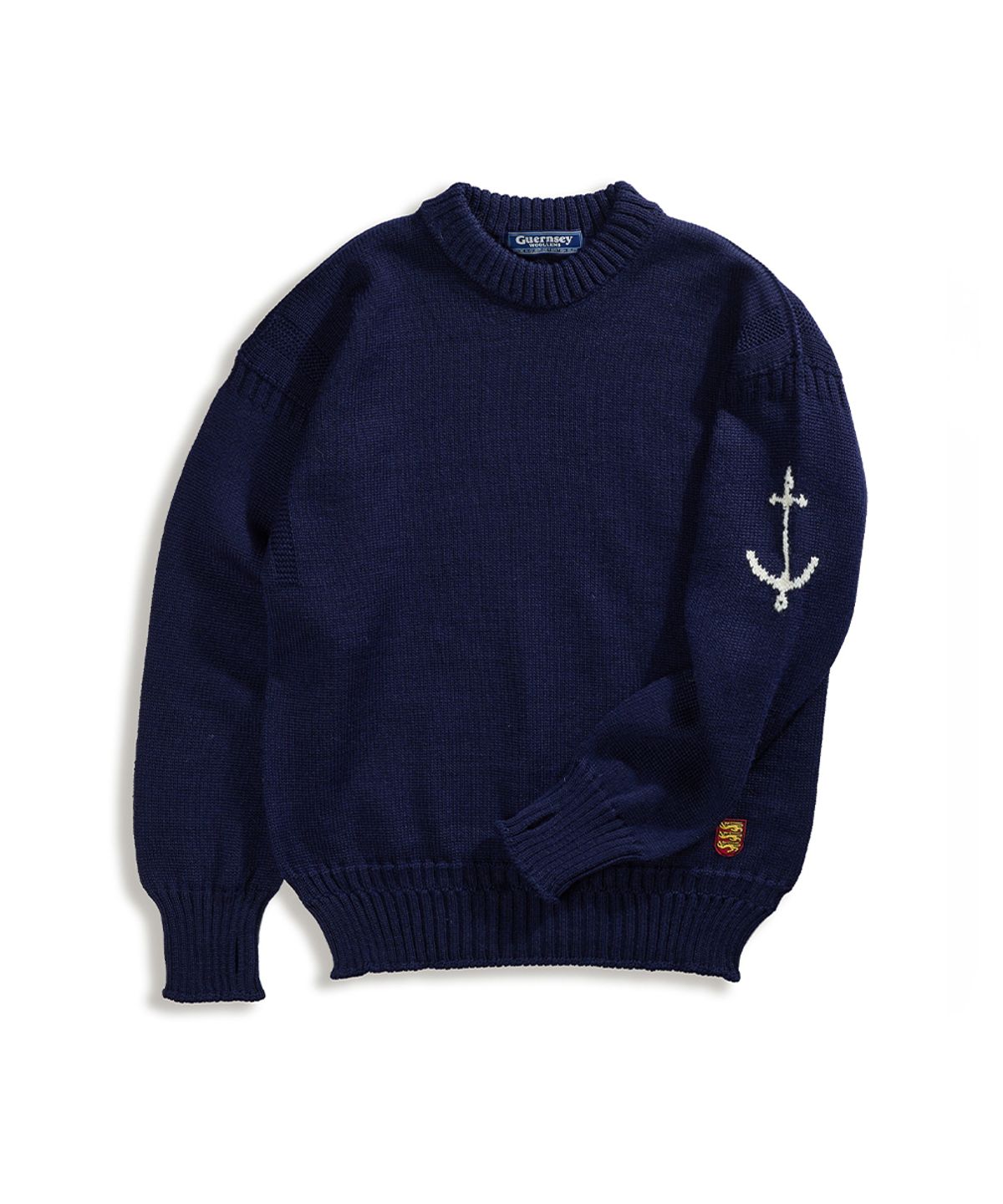 건지 울른스(Guernsey Woollens) 크루넥 홀가먼트 스웨터 - 네이비