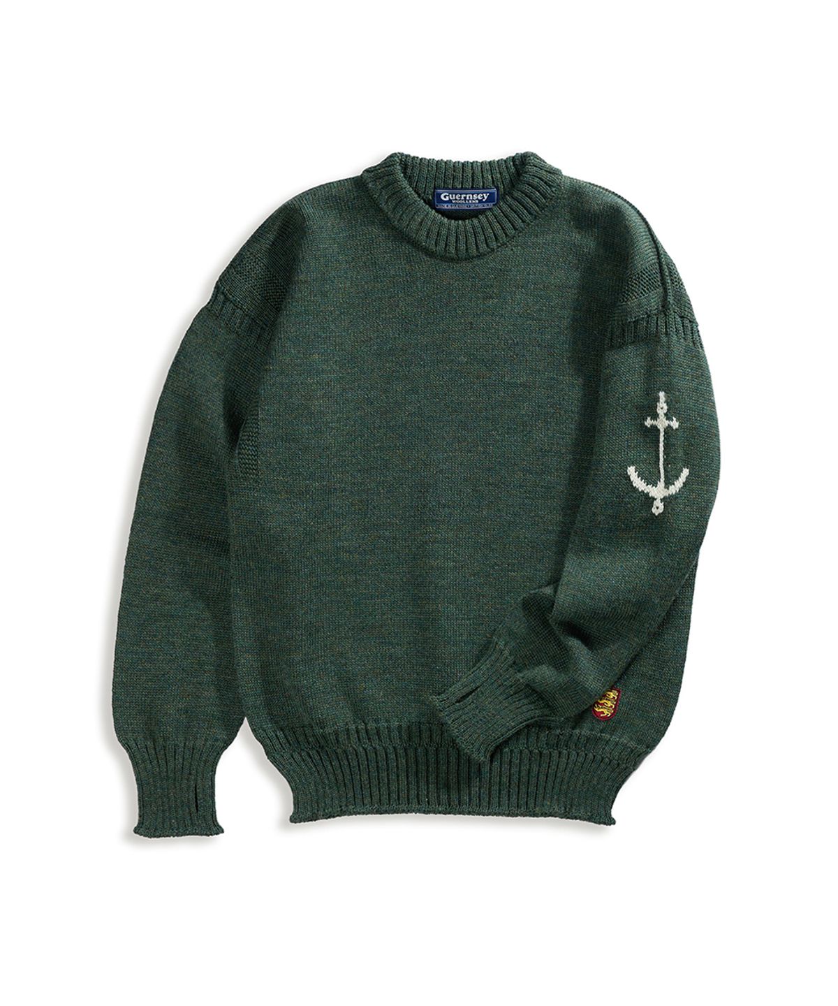 건지 울른스(Guernsey Woollens) 크루넥 홀가먼트 스웨터 - 로덴 그린