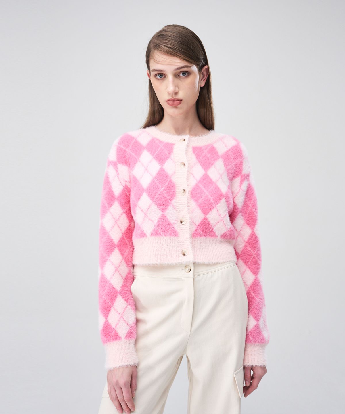 에트몽(ETMON) Argyle Fluffy Knit Cardigan  Pink