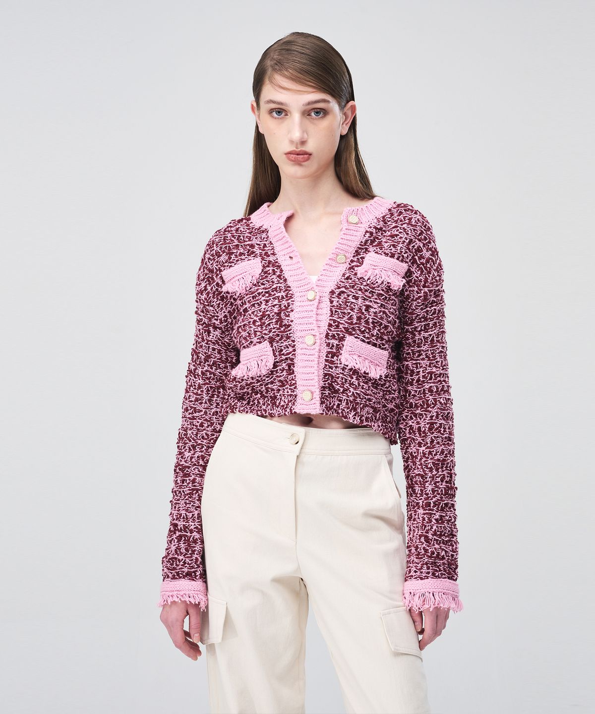 에트몽(ETMON) Mix Tweed Fringe Knit Cardigan  Pink