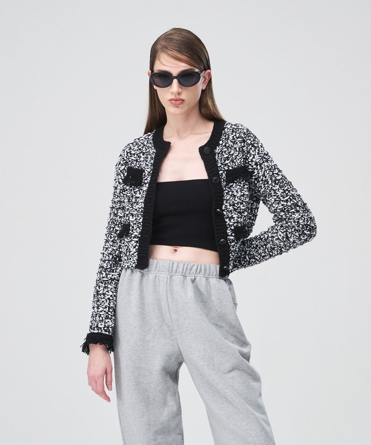 에트몽(ETMON) Mix Tweed Fringe Knit Cardigan  Black