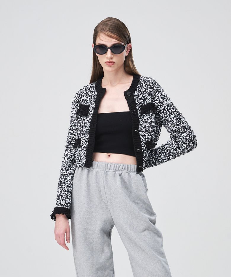 Mix Tweed Fringe Knit Cardigan  Black