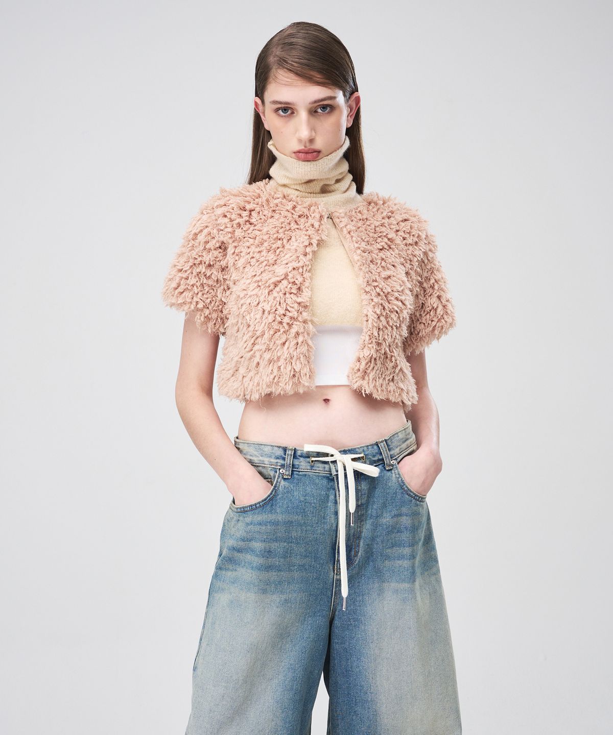 에트몽(ETMON) Short Sleeve Fluffy Cardigan  Salmon Peach