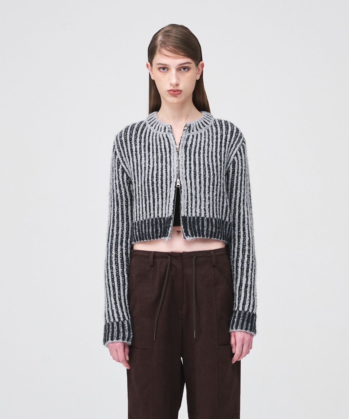 에트몽(ETMON) Ribbed Zip-Up Knit Cardigan  Grey