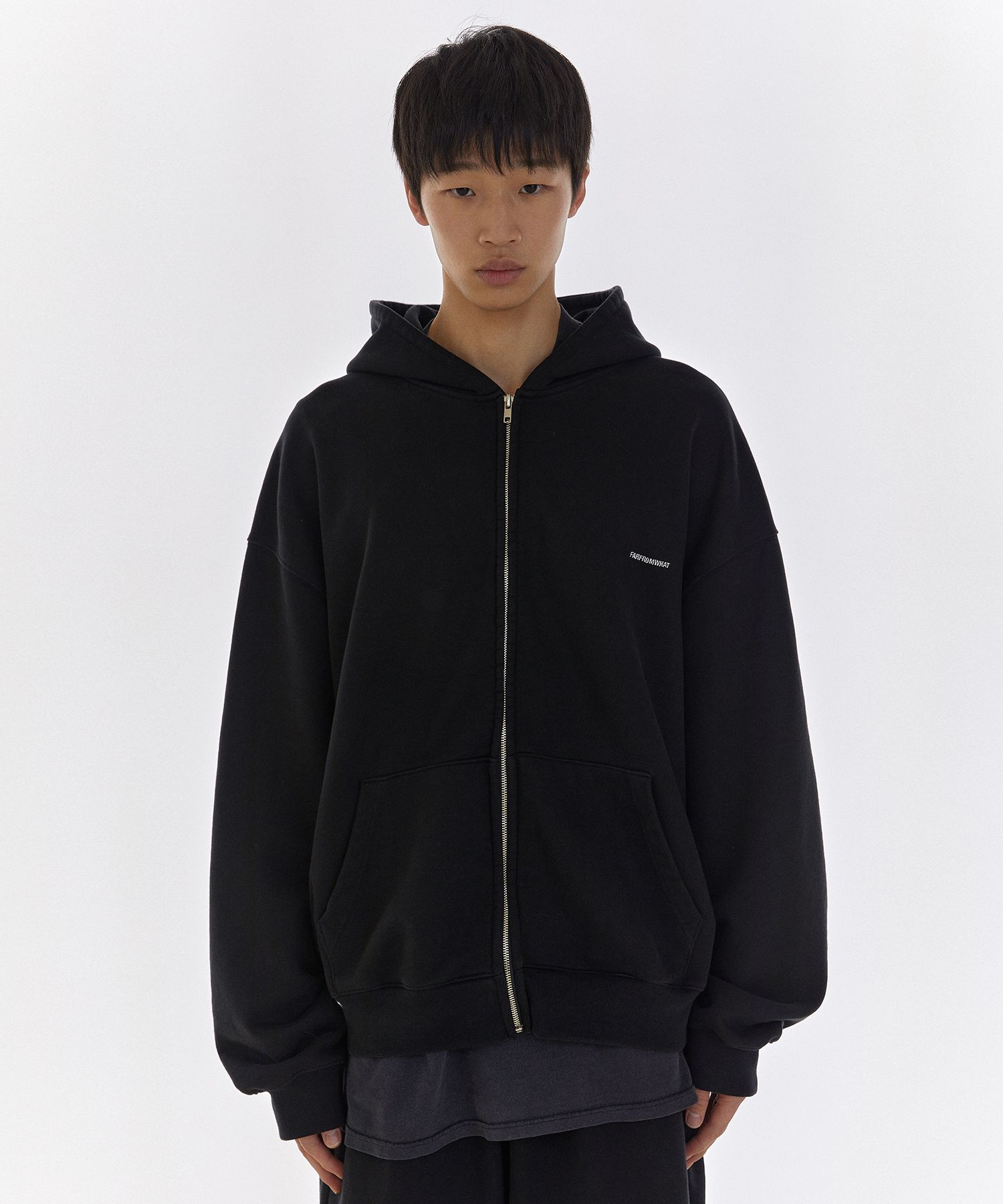 MUSINSA | FAR FROM WHAT FAR WASHED SMALL LOGO HOODIE ZIP-UP_BLACK