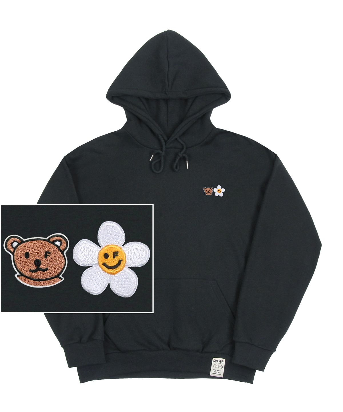그레이버(GRAVER) [UNISEX]스몰 플라워 베어 페이스 자수 스마일 후드티_차콜