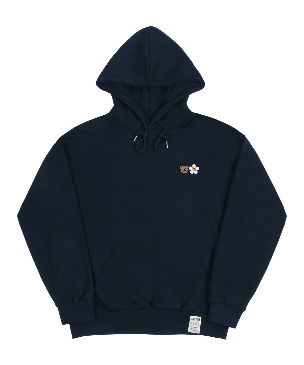 그레이버(GRAVER) [UNISEX]스몰 플라워 베어 페이스 자수 스마일 후드티_네이비