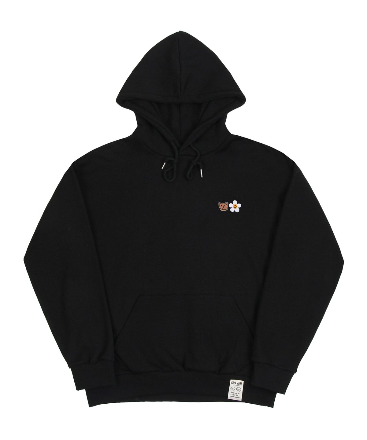 그레이버(GRAVER) [UNISEX]스몰 플라워 베어 페이스 자수 스마일 후드티_블랙