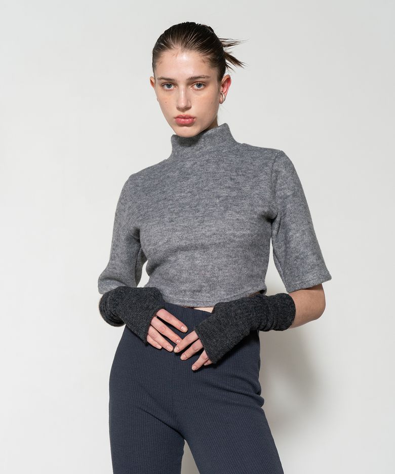 Mock Neck Short Sleeve Knit Gray