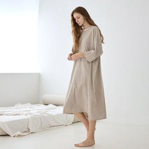 스트라이프 순면 긴팔 원피스 잠옷 베이지