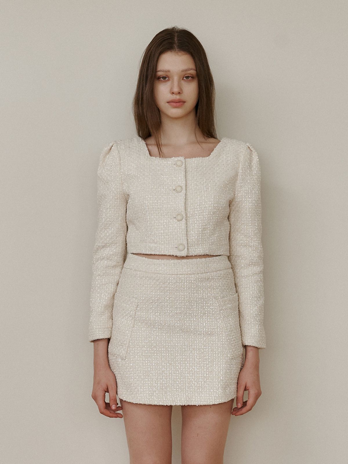 카인더베이비(KINDABABY) ivory pearl tweed blouse jacket