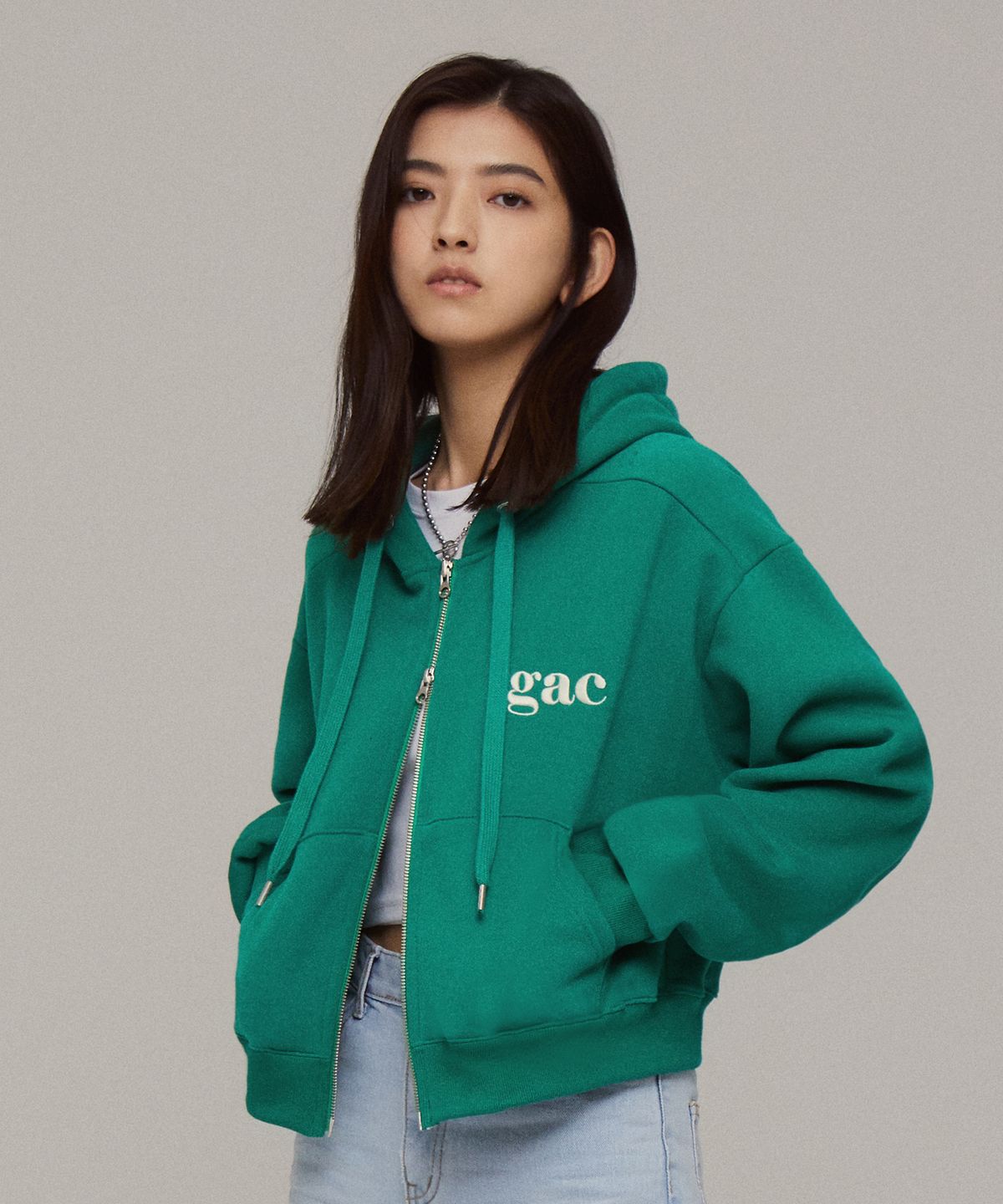 객(GAC) 크롭 후드 집업 그린 (기모)