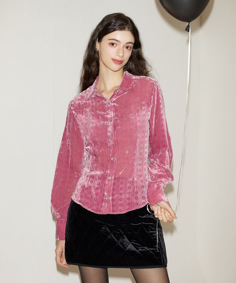 Balloon Sleeve Velvet Blouse_ Pink