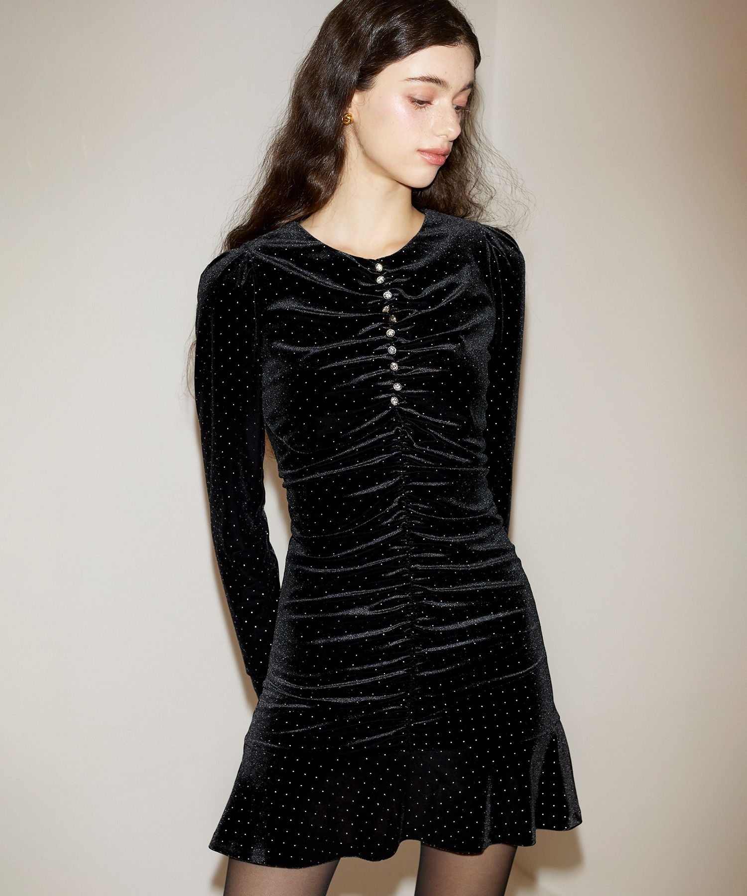 Salon de Yohn☆Button Point Velvet Mini Dress MUSINSA | SALON DE YOHN Button Point Velvet Mini Dress