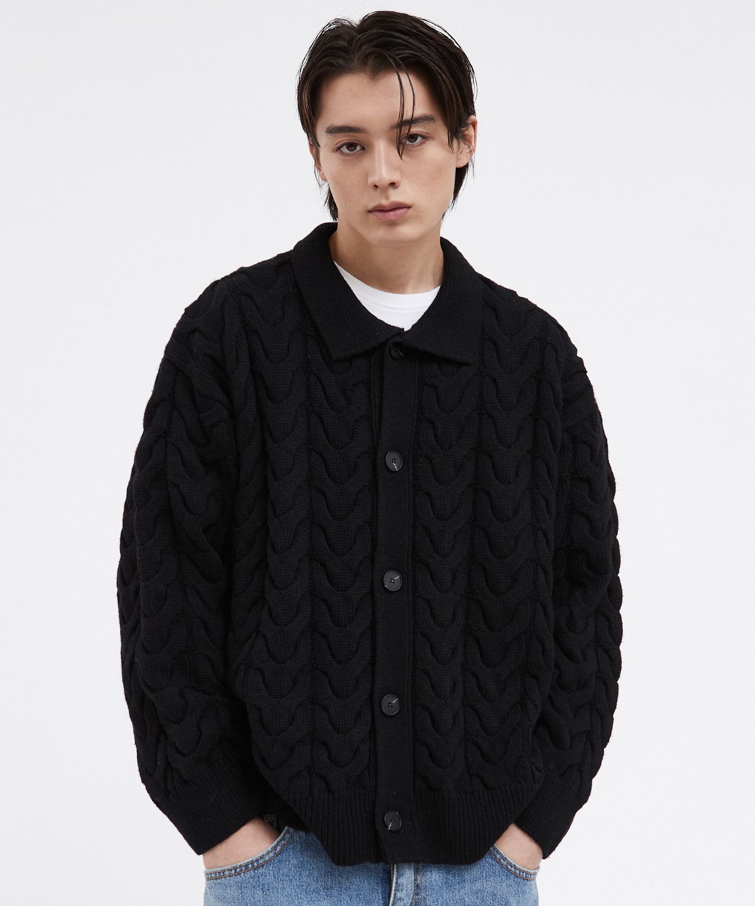 MUSINSA | VOIEBIT V176 Wave Wool Knit Cardigan (Black)
