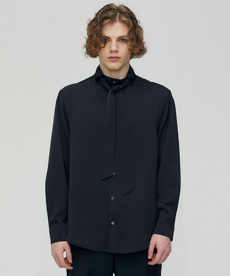 DETACHABLE SCARF HIGH NECK SHIRTS (BLACK)