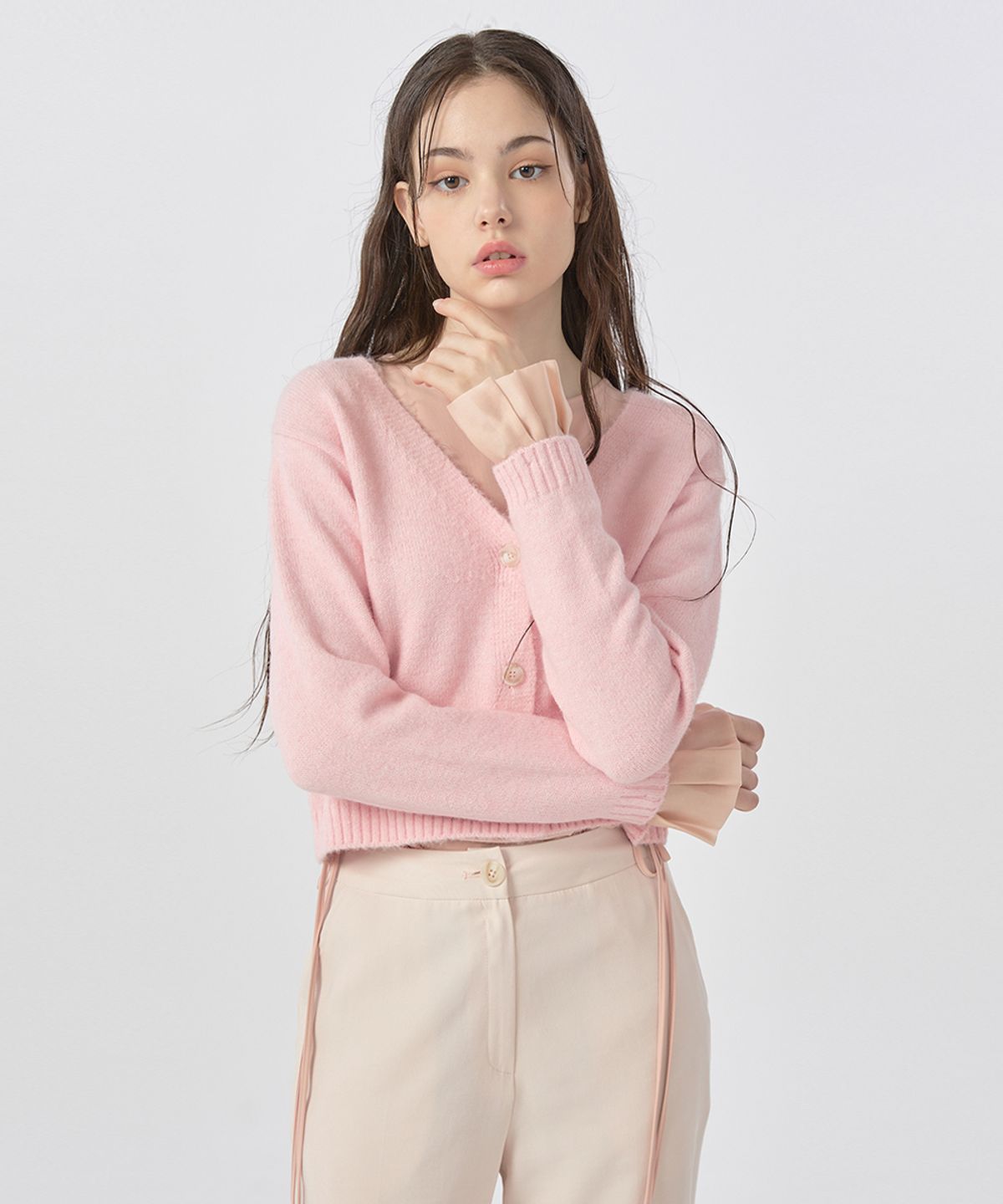 워브먼트(WOVEMENT) [22FW] Pleated sleeves Detail Cardigan - Pink