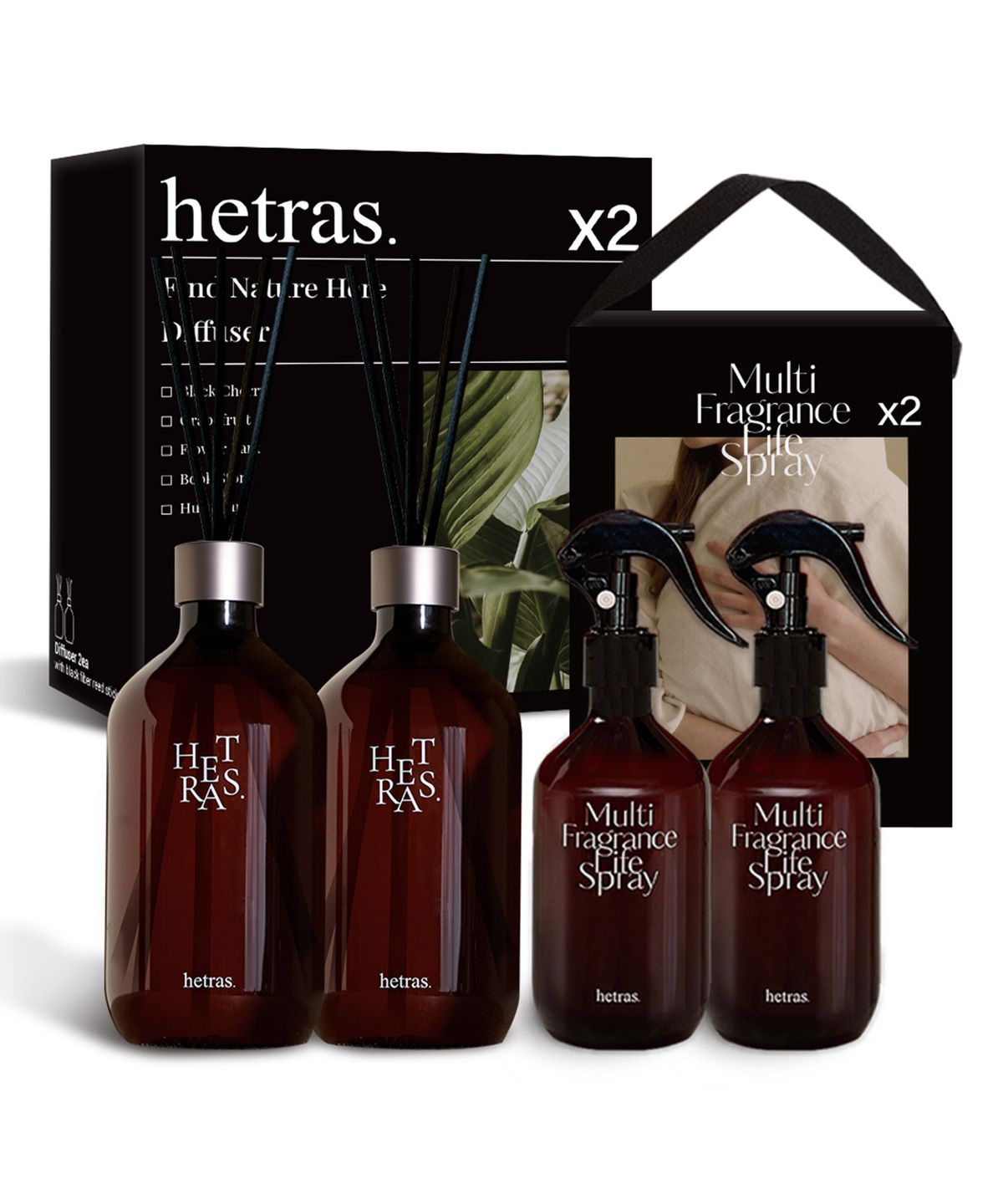 헤트라스 뷰티(HETRAS BEAUTY) 프리미엄 대용량 디퓨저 500ml 2개 + 멀티스프레이 300ml 2개 선물세트