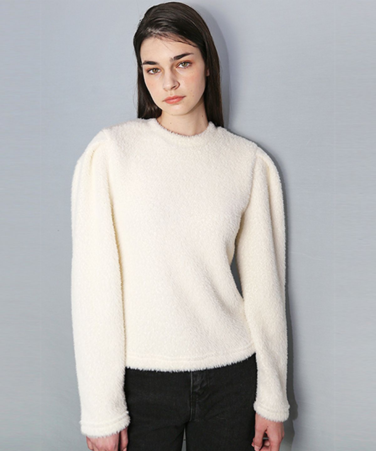 데미지니모닉(DAMAGE MNEMONIC) 퍼프퍼 니트 아이보리 티셔츠_ Puff Fur Knit IV TS