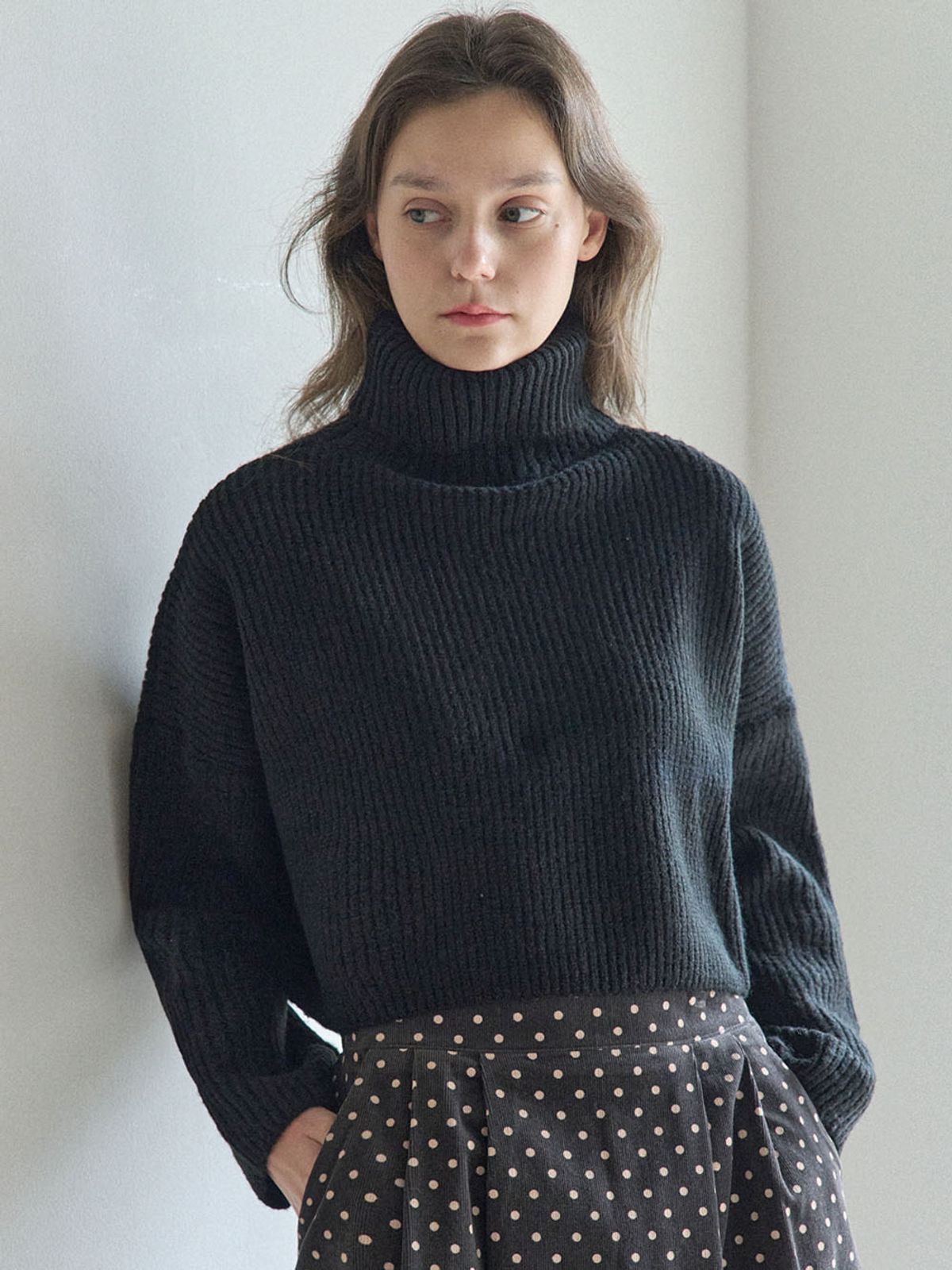 아방(AVANT-G) Turtleneck Cropped Knit Pullover - BLACK