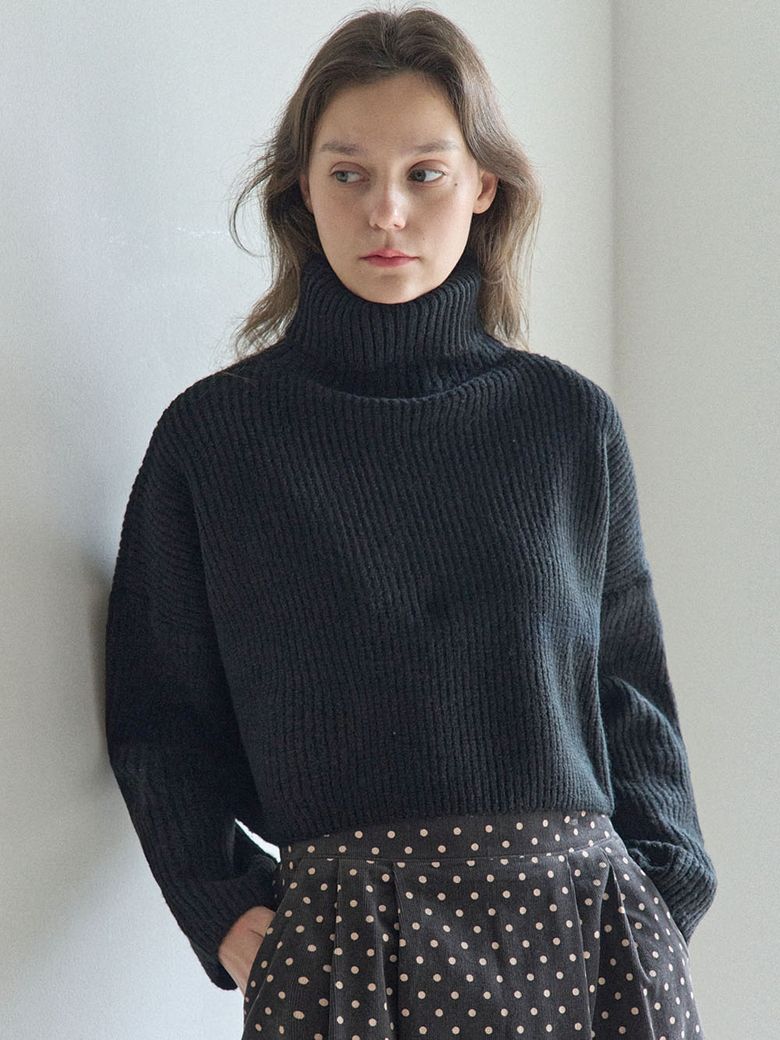 Turtleneck Cropped Knit Pullover - BLACK