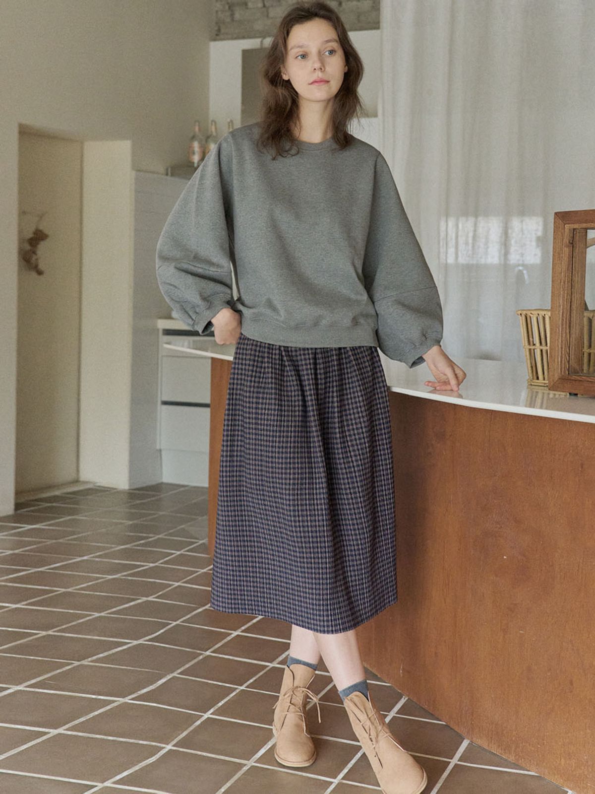 아방(AVANT-G) Check Pleated Banding Skirt - NAVY