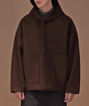 WOOLEN HOODED HALF-COAT (BROWN)