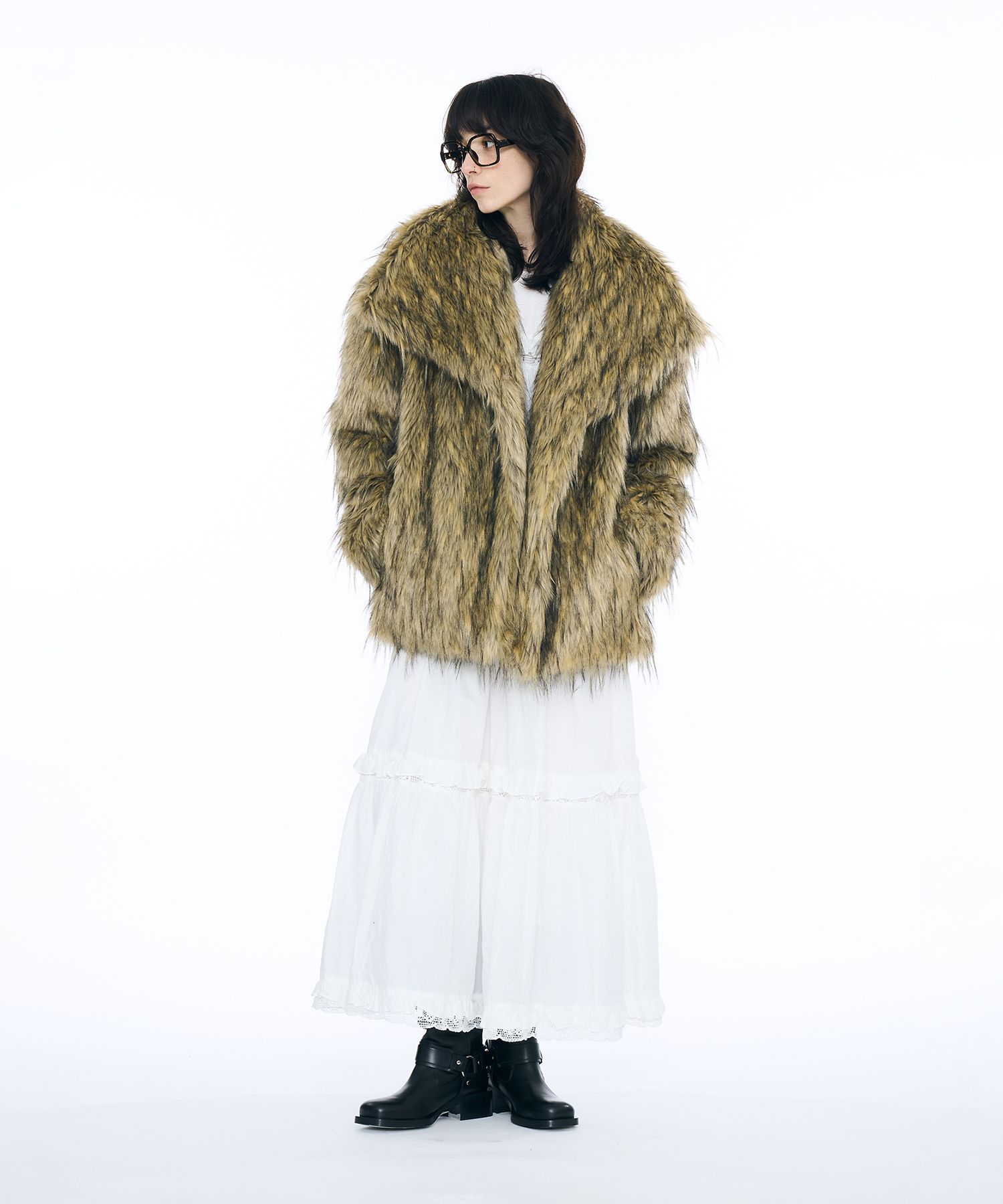 MUSINSA公式 | PARTIMENTO WOMEN Wide Collar Faux Fur Jacket_Mix Beige