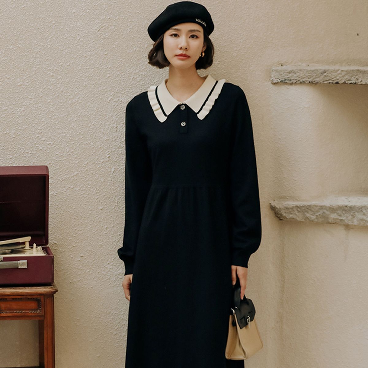 랭썬(LANGSON) LS_Picnic Black knitted long dress_BLACK