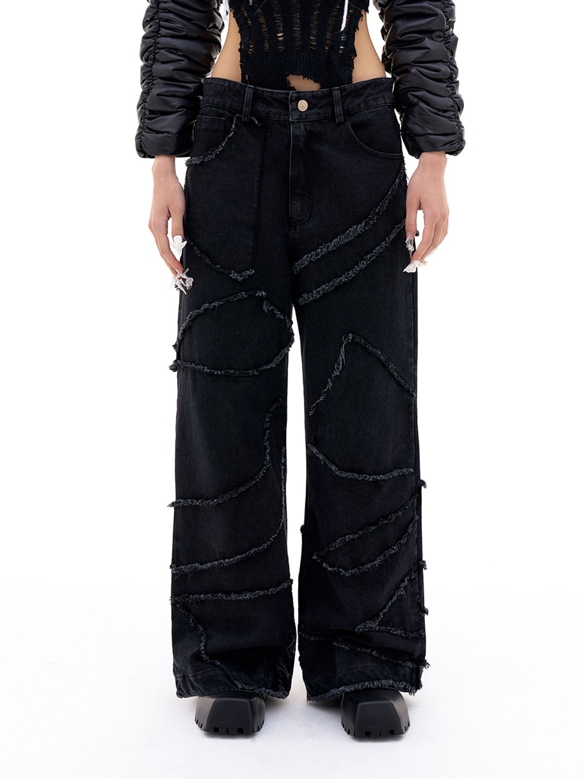 와이이이엘(YEEL) PATCHWORK PLAYER DENIM PANTS BLACK