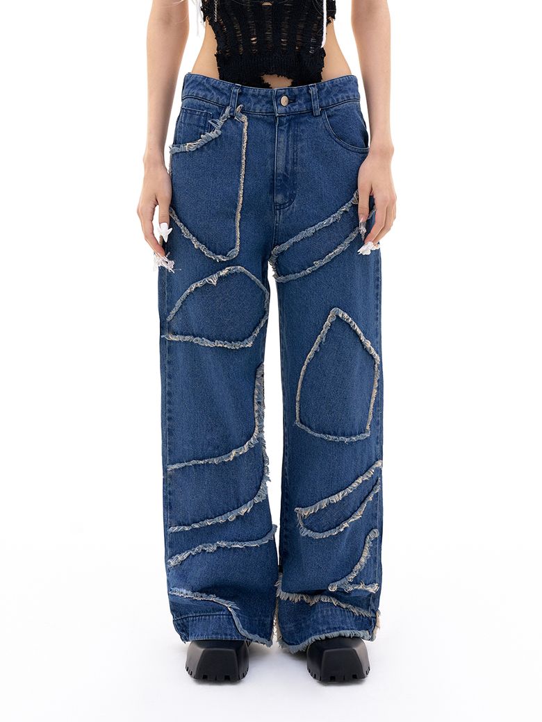 PATCHWORK PLAYER DENIM PANTS BLUE