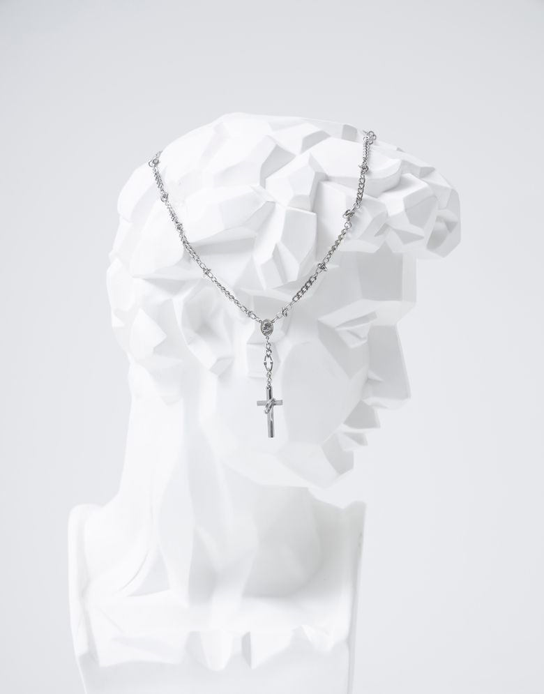 GORGEOUS LONG FAUX SILVER CROSS NECKLACE