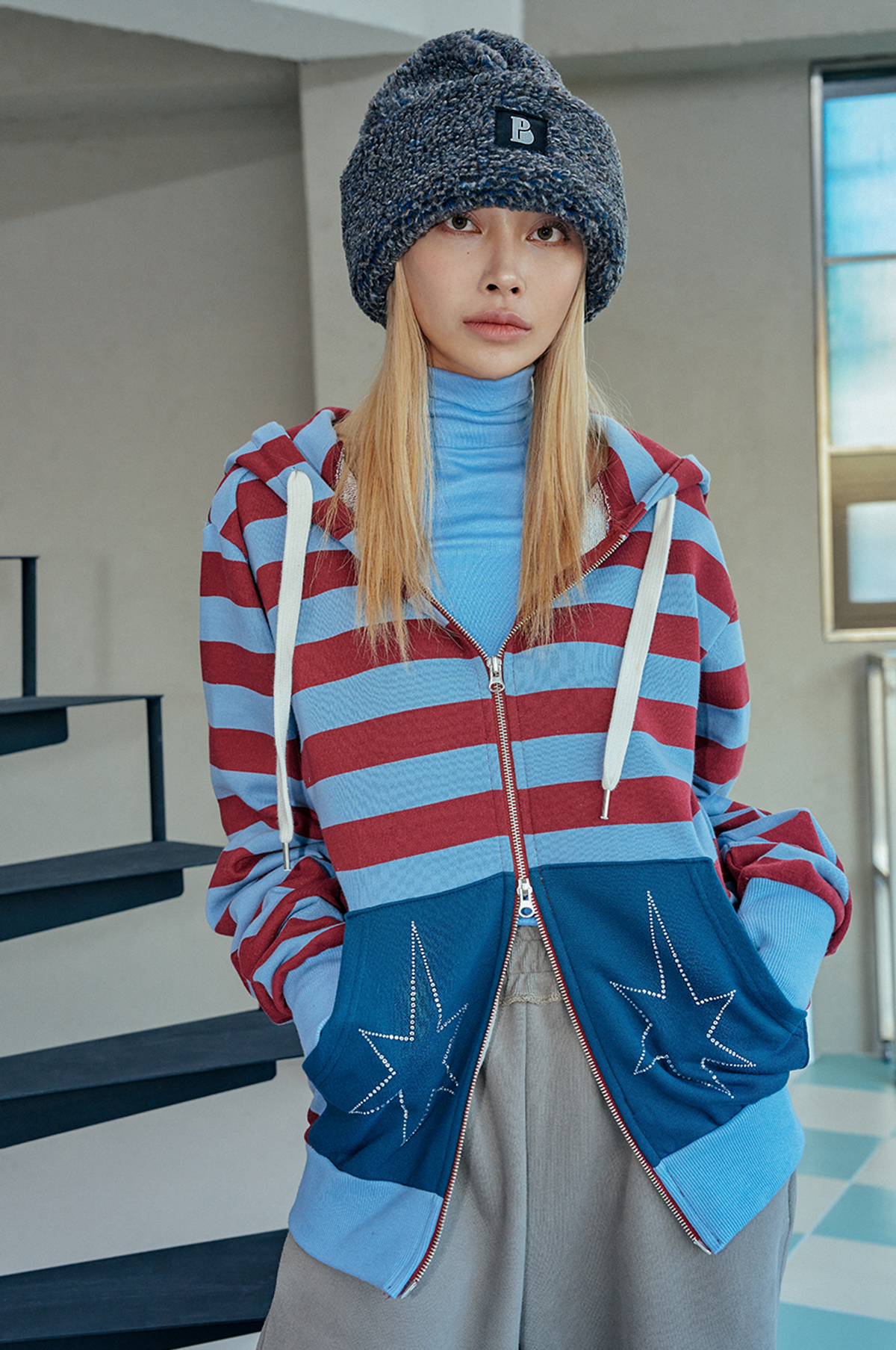 비피피(BFEEP) stripe warmer hood zip-up_burgandy