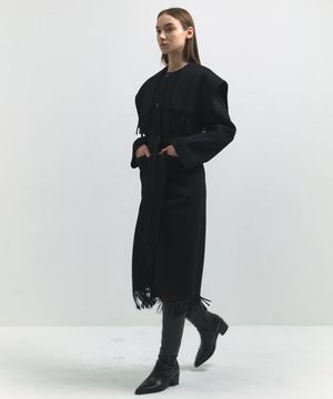 프린지 핸드메이드 울 코트 블랙