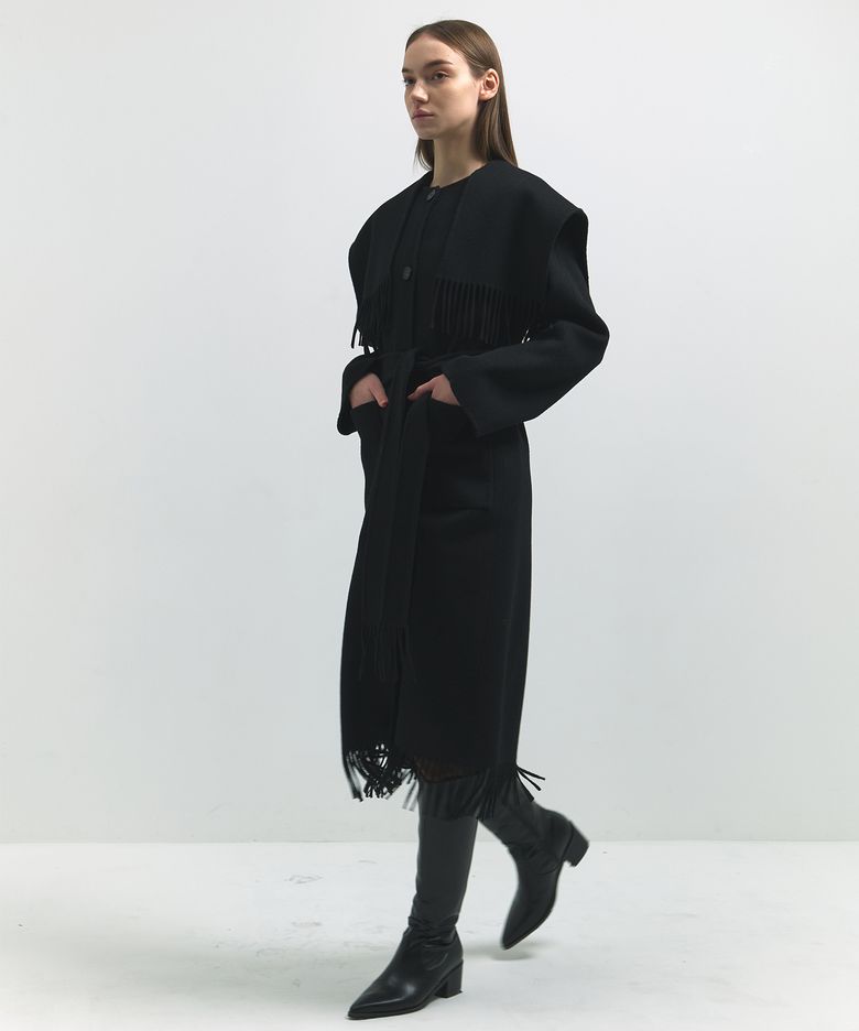 프린지 핸드메이드 울 코트 블랙