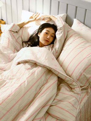 별을 품은 핑크 스트라이프 고밀도 순면 이불커버