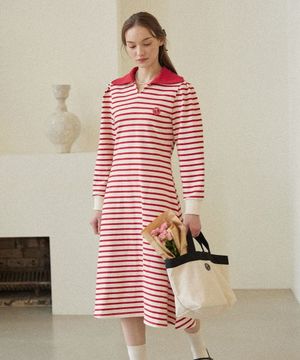로즈 와펜 스트라이프 드레스 - 레드