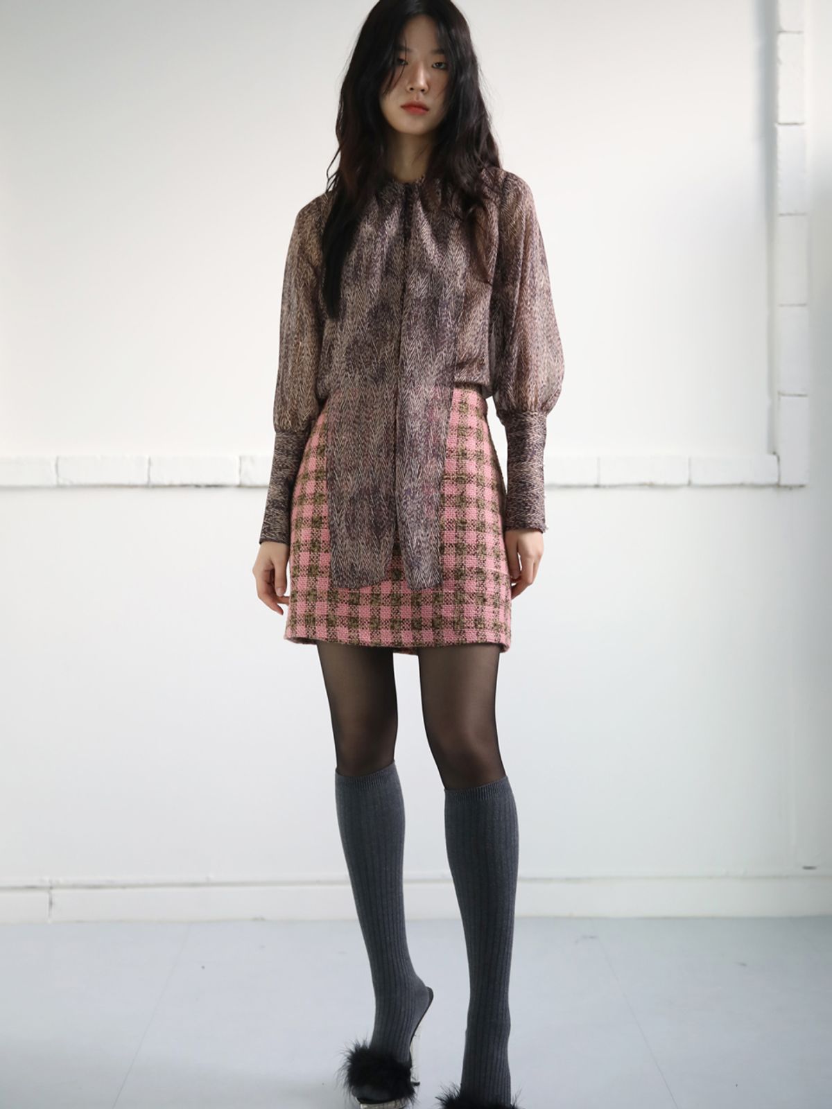 쏘리, 투 머치 러브(SORRY, TOO MUCH LOVE) Gingham Tweed A Line Skirt_Pink
